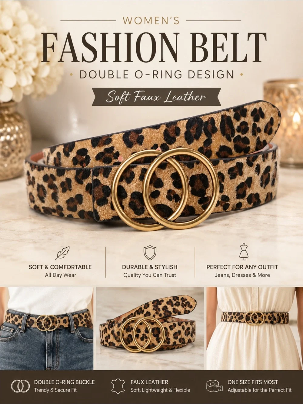 Women’s Leopard Print Double O-Ring Belt | Size Small (23”–28”) | NWOT